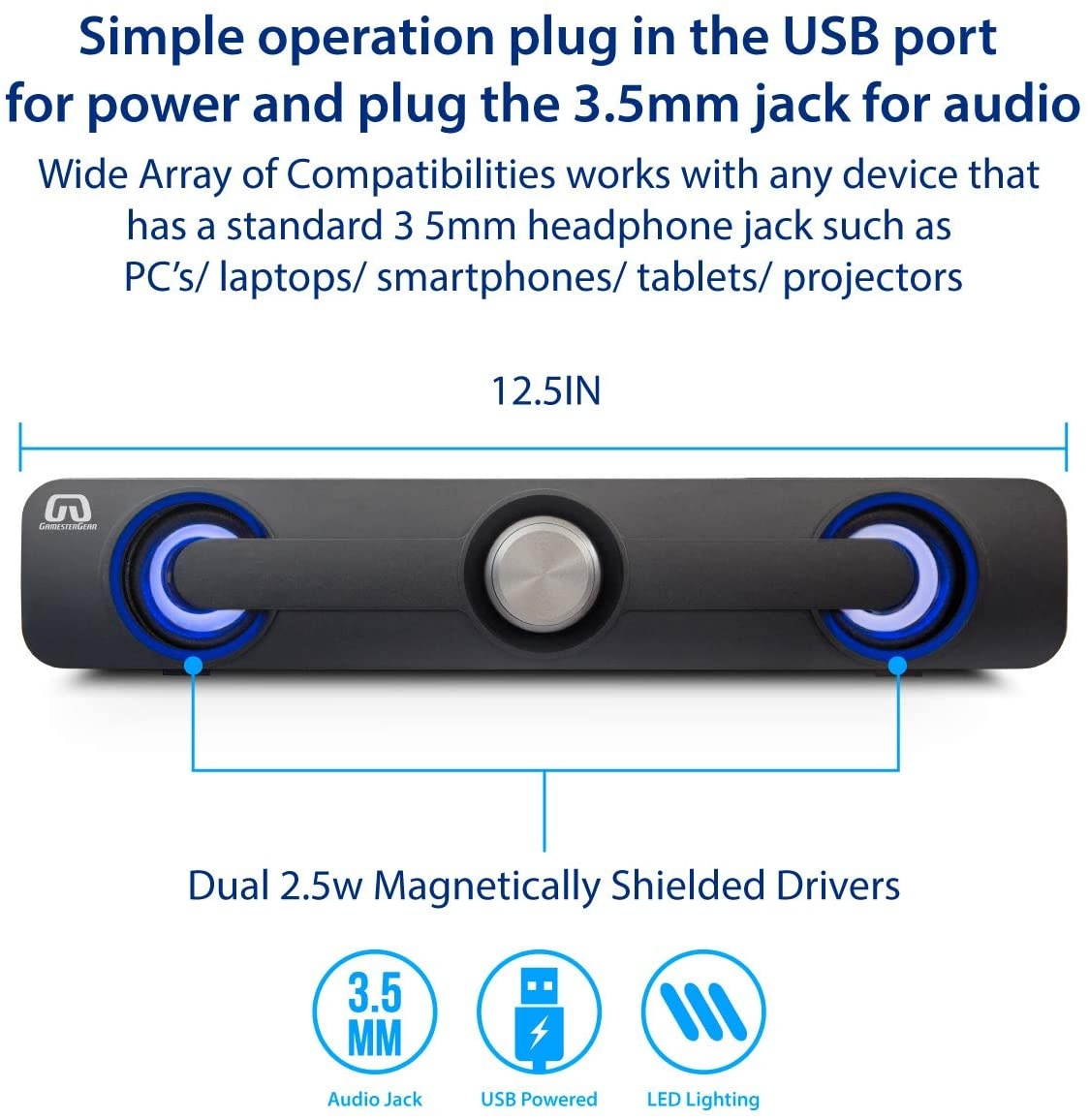 GamesterGear Desktop Compact USB Powered Wired Multimedia Mini Stereo Sound Bar 3.5mm Audio Jack Blue LED 2.5 Watts SY-SPK20234