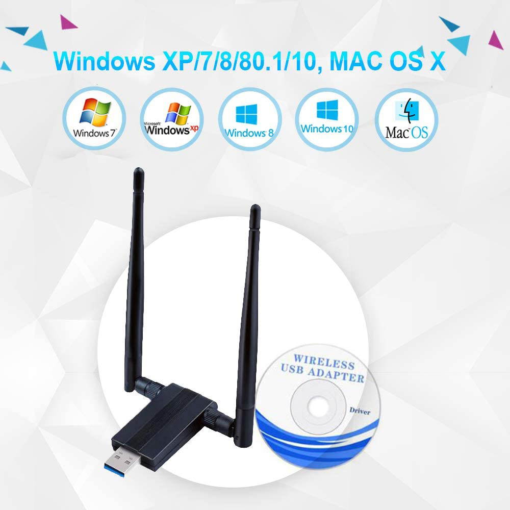 USB WIFI Adapter 1200M USB 3.0 Wireless Wifi Dongle 5G/866Mbps 2.4G/300Mbps 5dBi Dual Band Antenna 802.11 AC Wireless Network Adapter for Desktop/PC/Laptop Windows XP/Vista/7/8/10