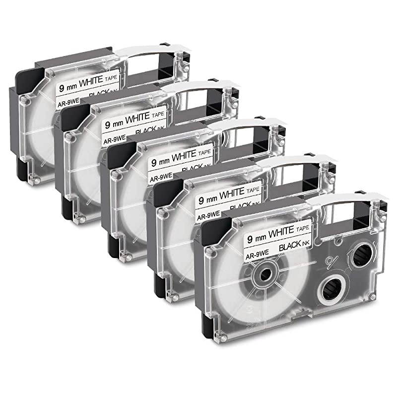 Compatible Label Tape Replacement for Casio XR-9WE2S XR-9WE 9mm Black on White Label Maker Tape Compatible with Casio KL-100 KL-120 KL-750 KL-7000 Label Maker, 5 Pack