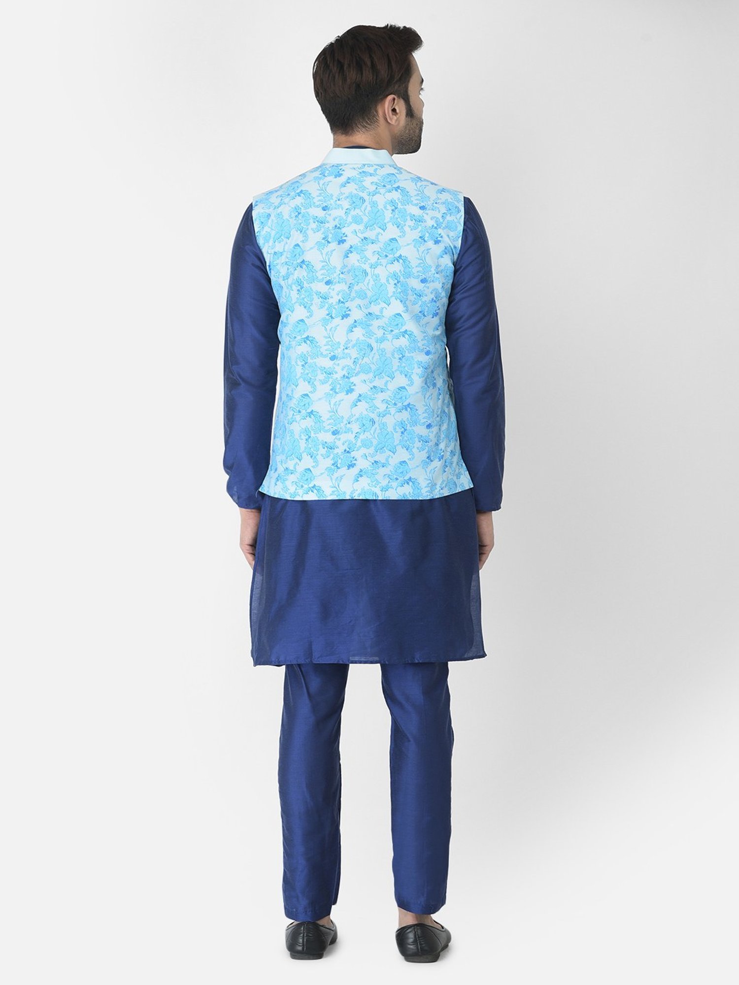 Deyann Navy & Blue Cotton Regular Fit Printed Kurta Set With Jacket