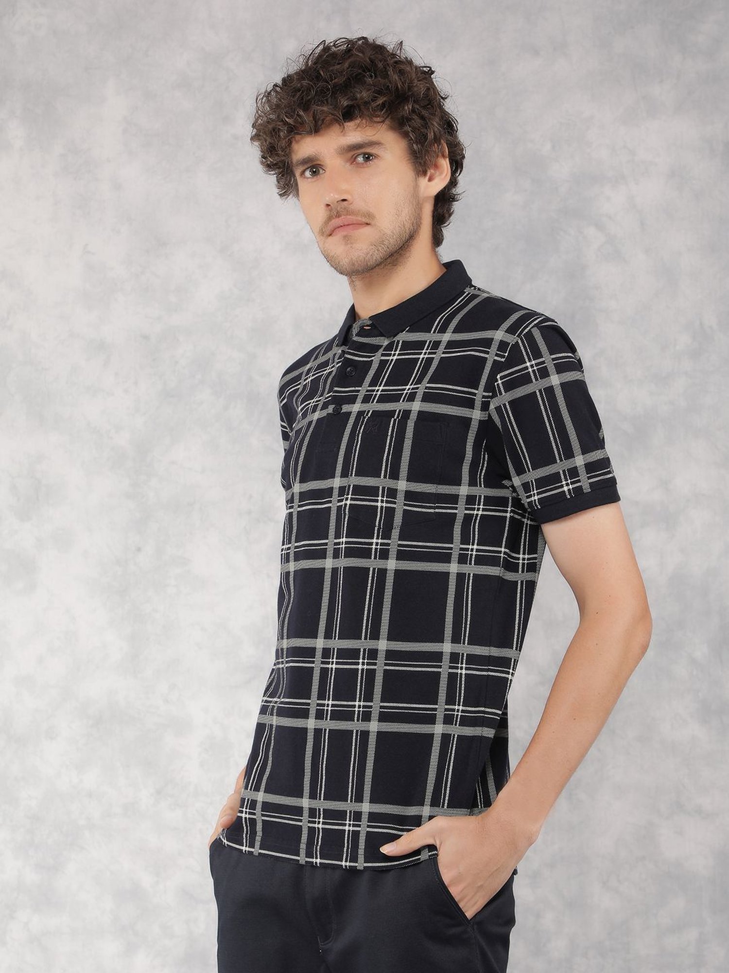 Crimsoune Club Navy Cotton Slim Fit Checks Polo T-Shirt