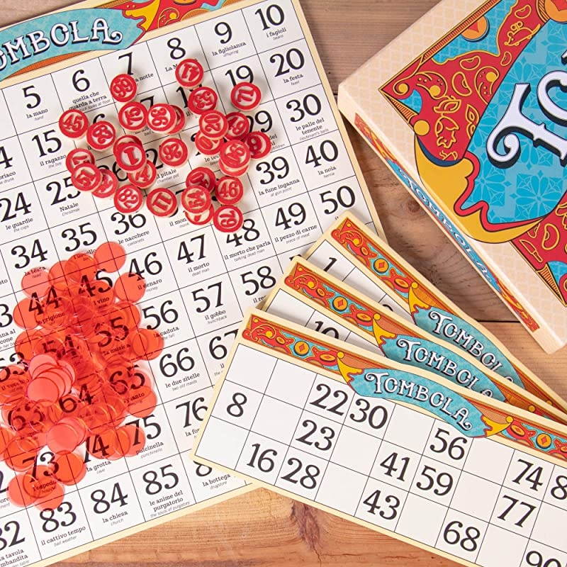 Bingo Board Game | The Italian Game of Chance for Family Friends and Large Parties Up to 24 Players | Includes Calling Board 90 Tombolini Tiles 24 DoubleSided Cards and 360 Chips