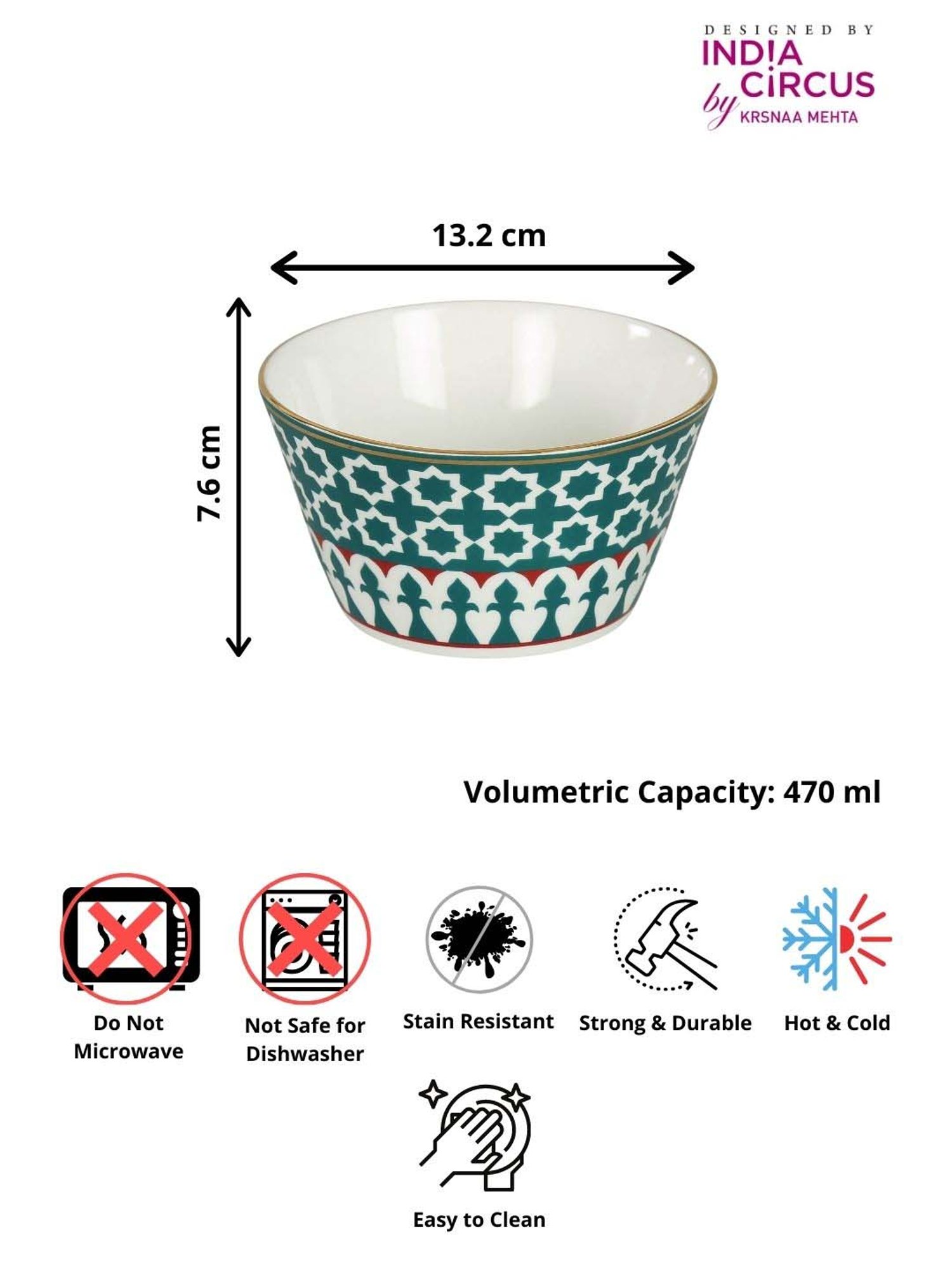 India Circus Teal Blue Ceramic 13.2 cm Snack Bowl (0.47 L) - Set of 3