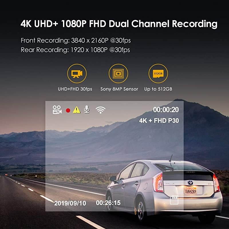 A129 Pro Duo 4K Dual Dash Cam 3840 x 2160P Ultra HD 4K Front and 1080P Rear Car WiFi Dash Camera Sony 8MP Sensor GPS Buffered Parking Mode GSensor Motion Detection WDR Loop Recording