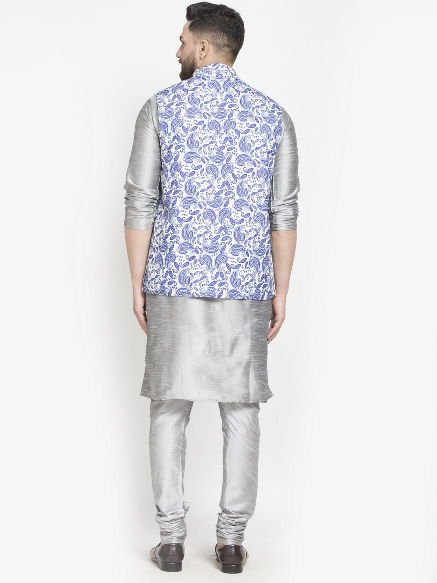 Benstoke Grey & Blue Regular Fit Paisley Kurta Set With Jacket