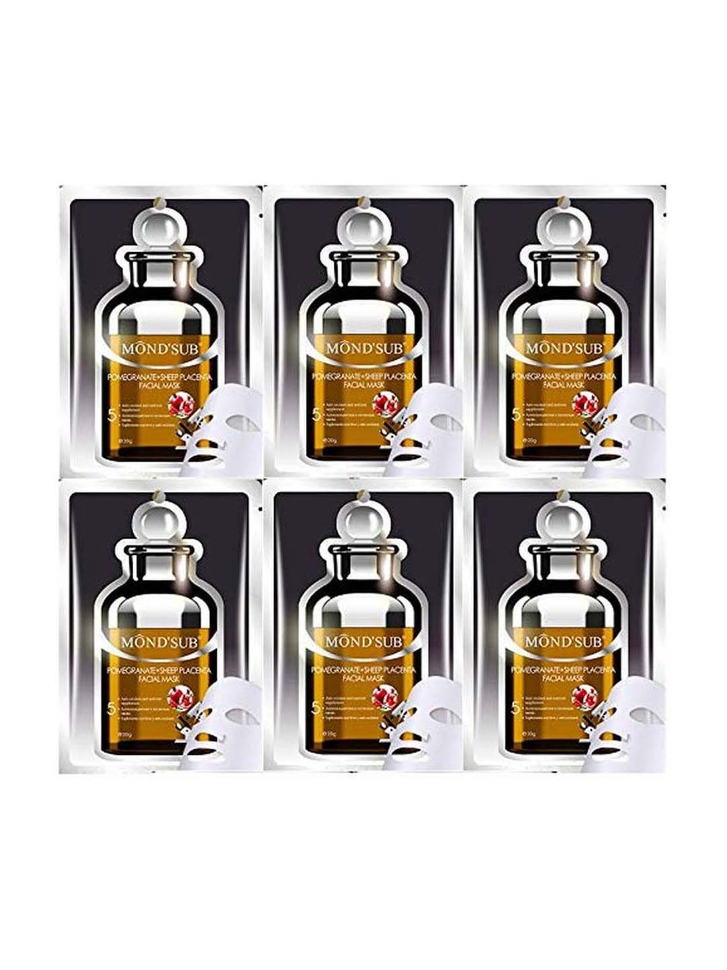 MONDSUB Pomegranate+Sheep Placenta Face Sheet Masks (Pack of 6) - 20 gm Each