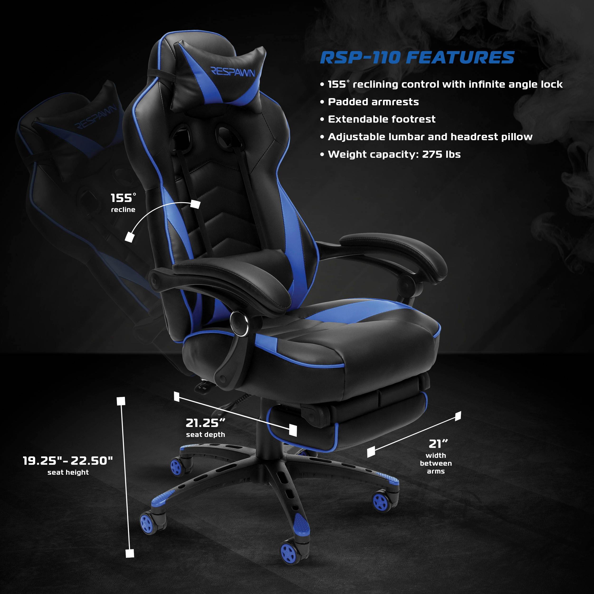 RESPAWN 110 Racing Style Gaming Chair, Reclining Ergonomic Leather Chair with Footrest, in White (RSP-110-WHT)