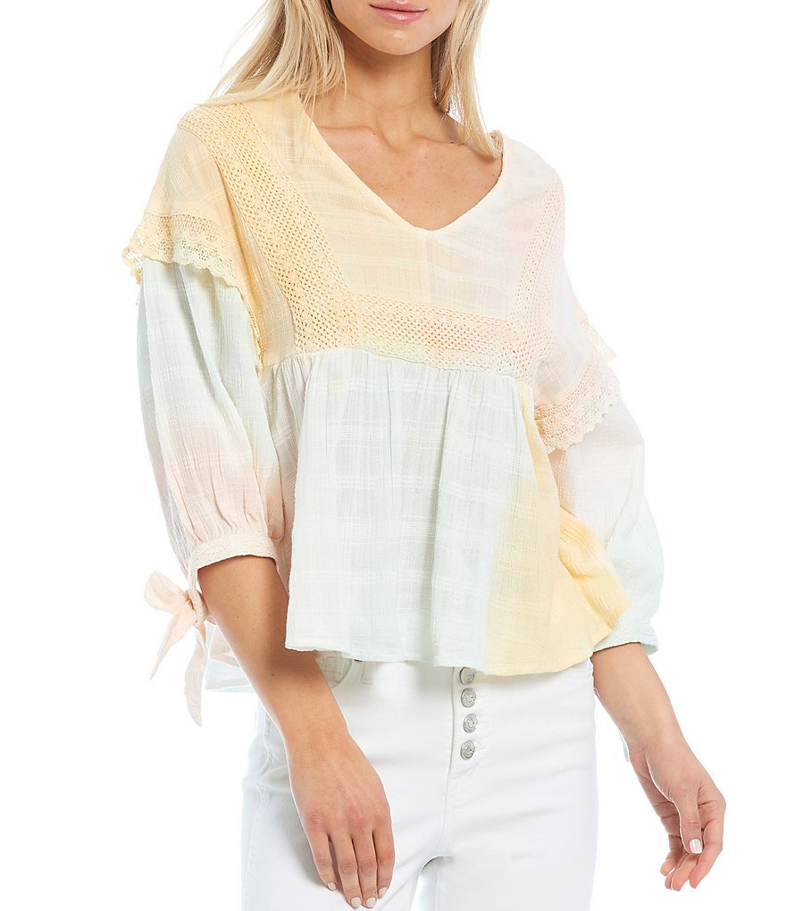 Ella Moss Michaela Multi Color V-Neck Lace Trim Details Puff Tie Sleeve Cotton Blouse