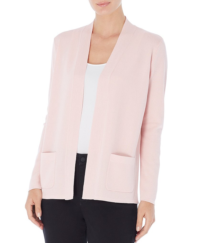 Jones New York Rib Trim Open-Front Long Sleeve Cardigan with Patch Pockets