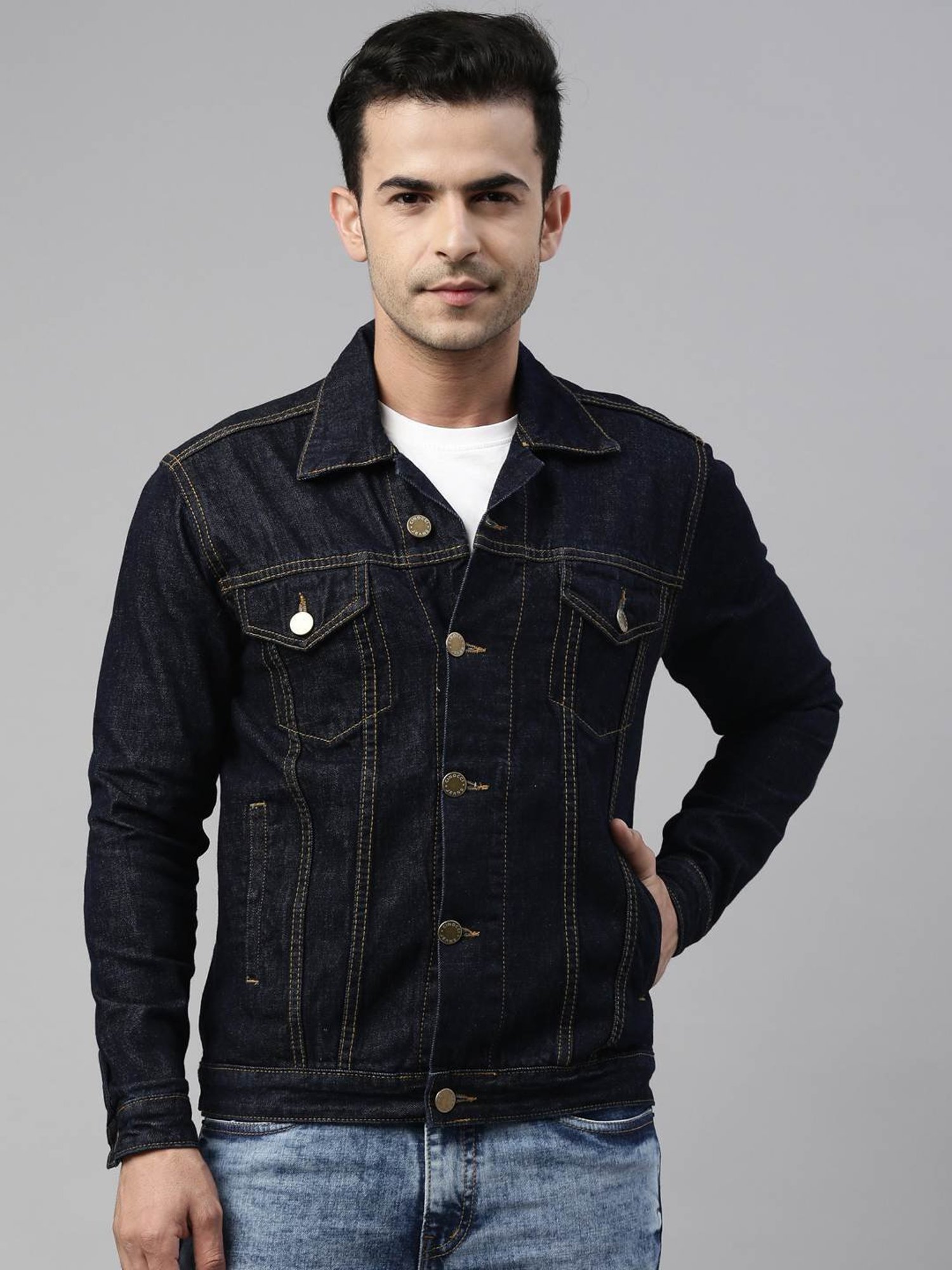 CINOCCI Navy Blue Cotton Slim Fit Denim Jacket
