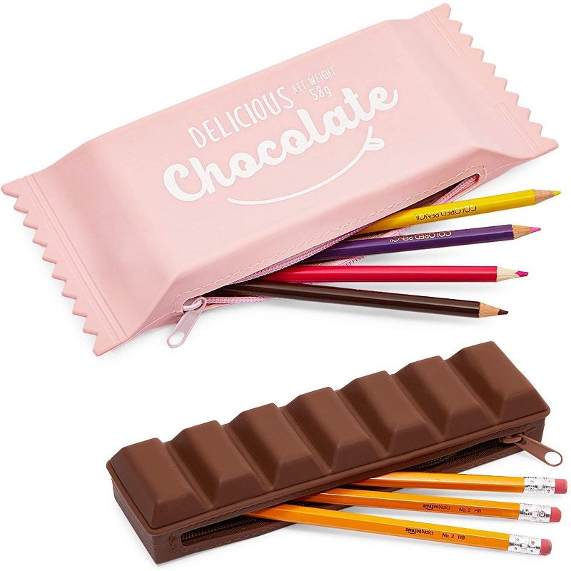 Okuna Outpost 2 Pcs Kawaii Silicone Pencil Case Zipper Pouches Pen, Chocolate Wrapper Candy Bar, Pink, Brown