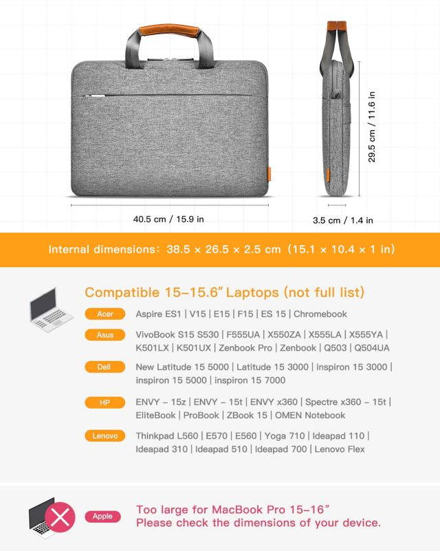 Inateck 15-15.6 Inch 360&deg; Protective Laptop Shoulder Bag Laptop Sleeve Crossbody Bag with Handles, Luggage Strap, Detachable Shoulder Strap, Splash-Resistant Commuting, School, Business, Travel, Gray