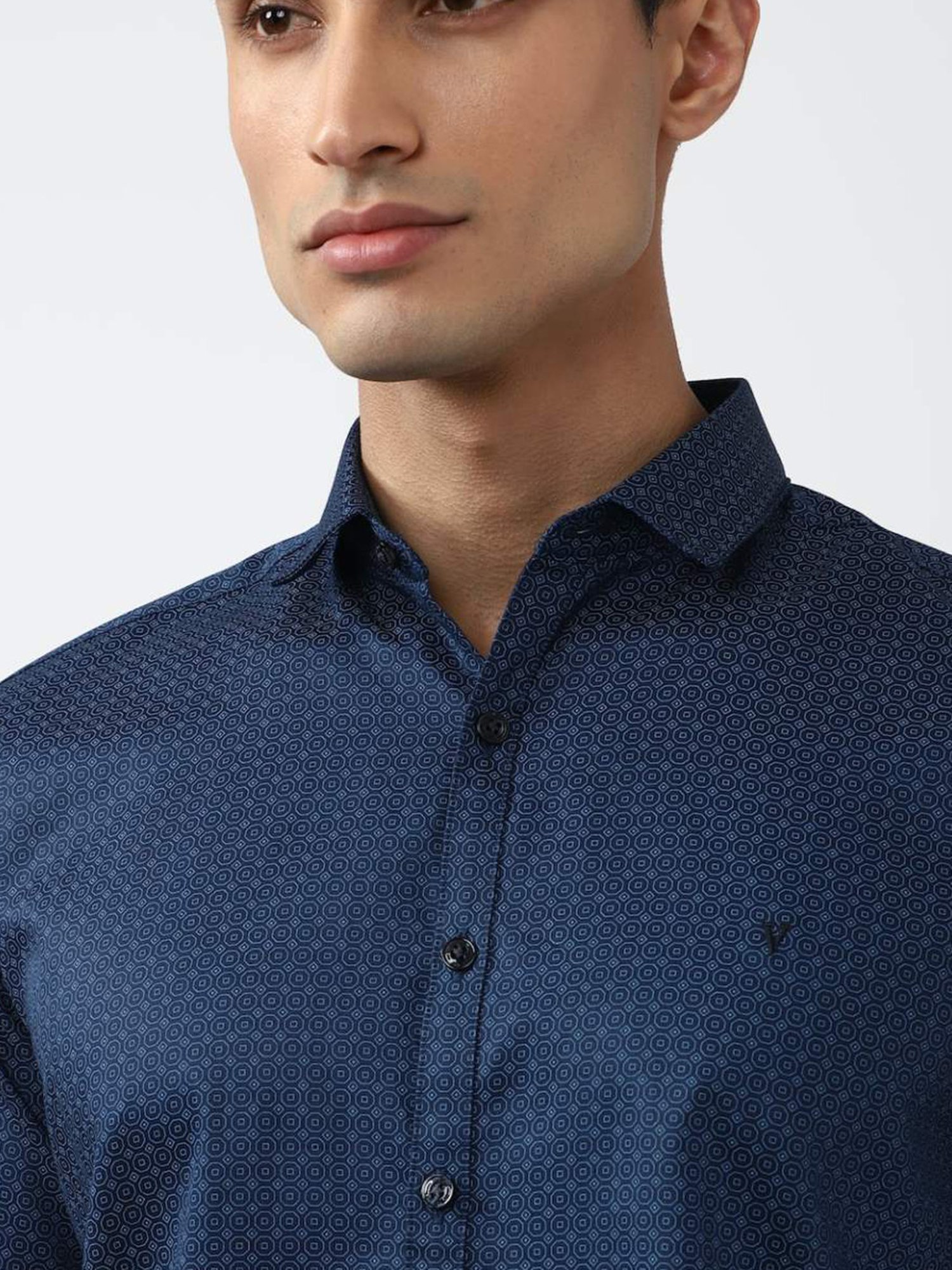 V Dot Navy Cotton Slim Fit Printed Shirt