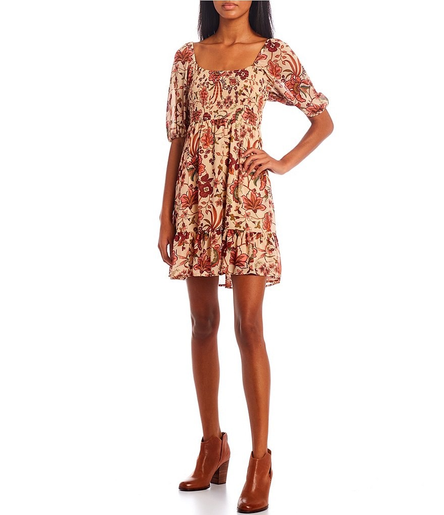 Evolutionary Short Sleeve Print Smocked Dress