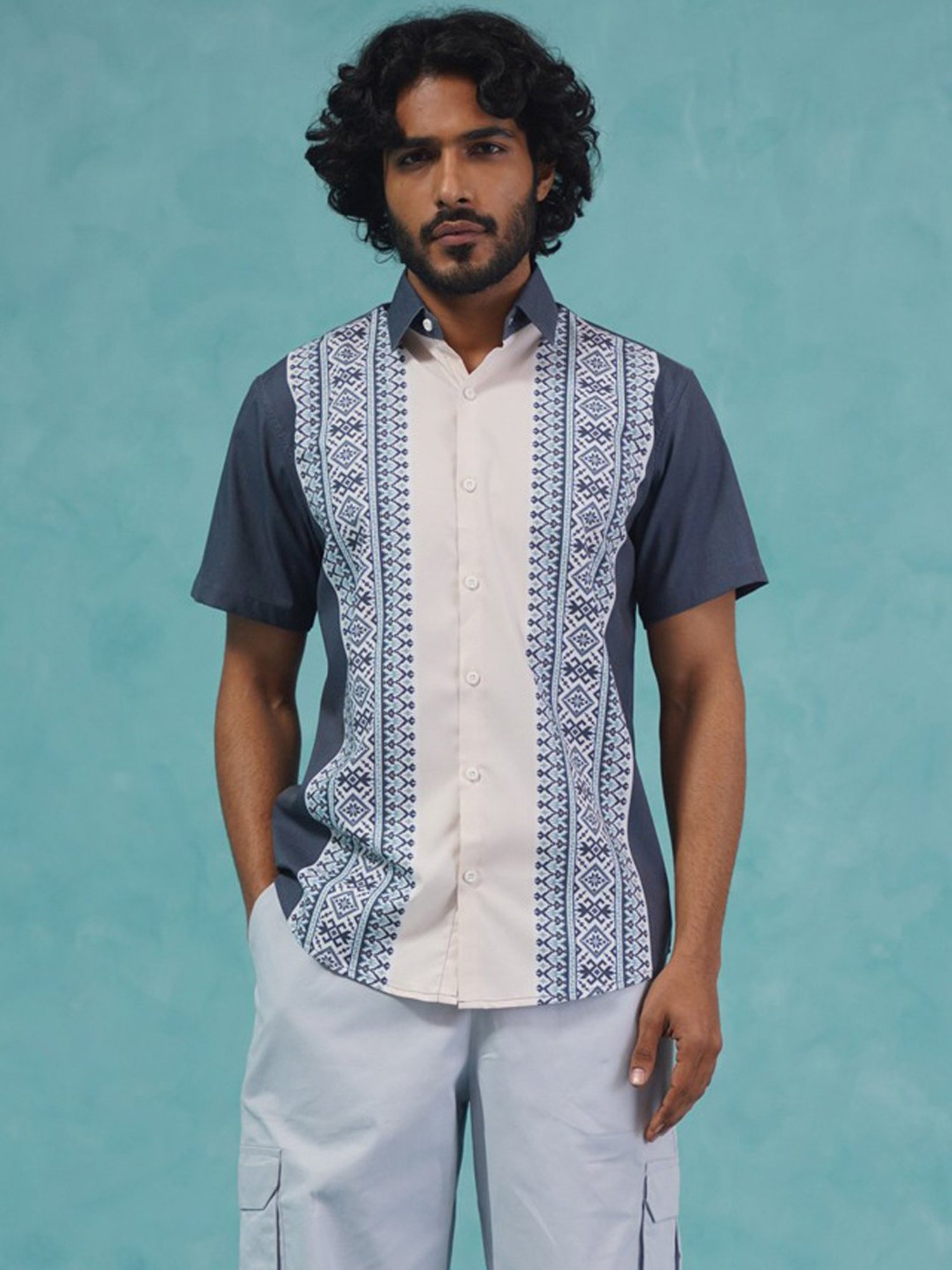 Indian Needle Charcoal Cotton Regular Fit Printed Shirt