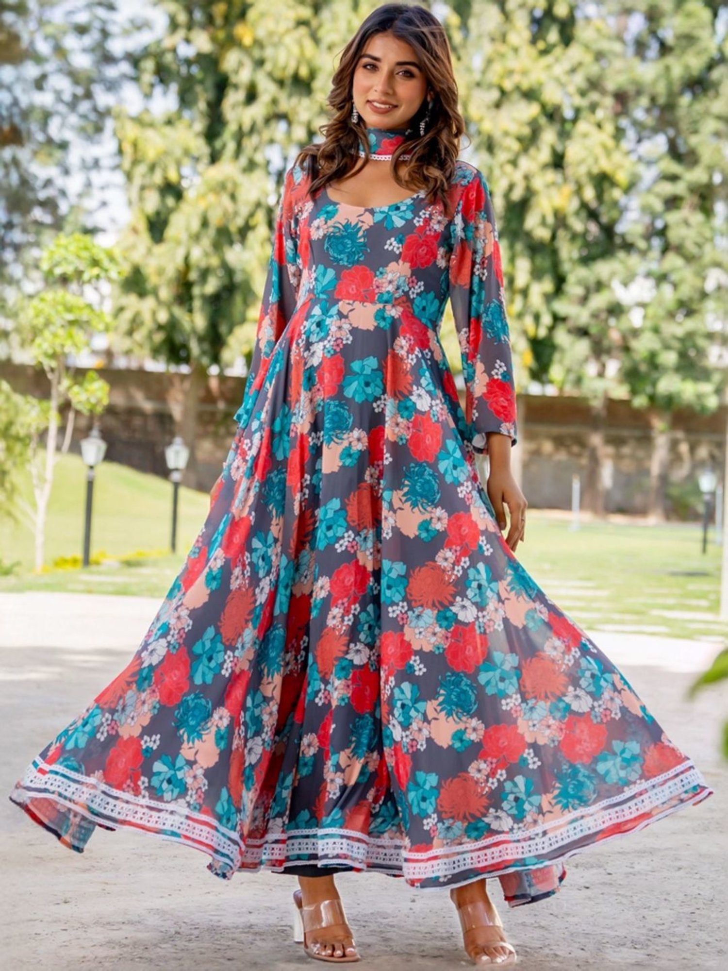HOUSE OF JAMOTI Grey Printed Anarkali Kurta With Dupatta