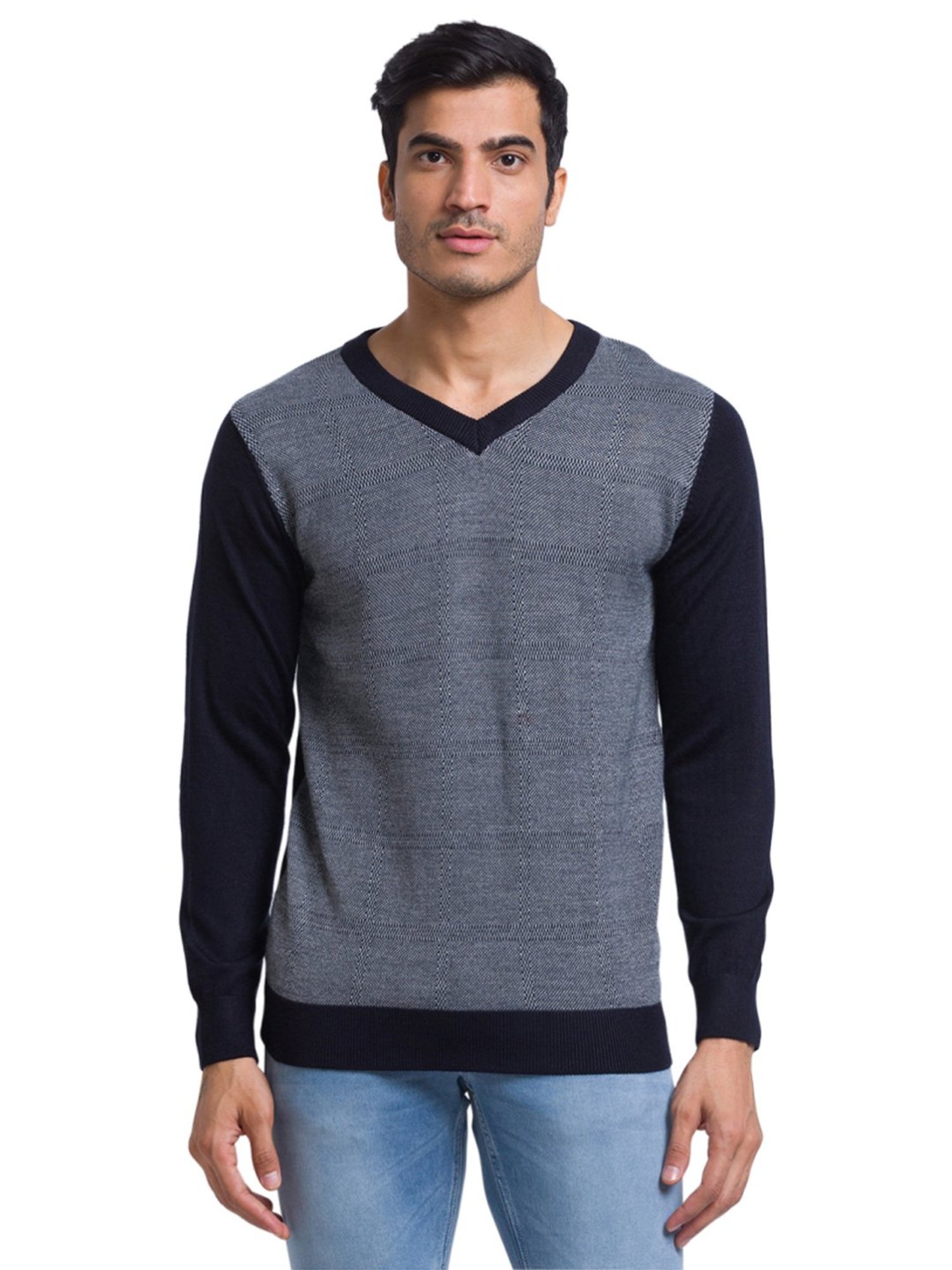 Parx Blue & Grey Regular Fit Color-Block Sweater