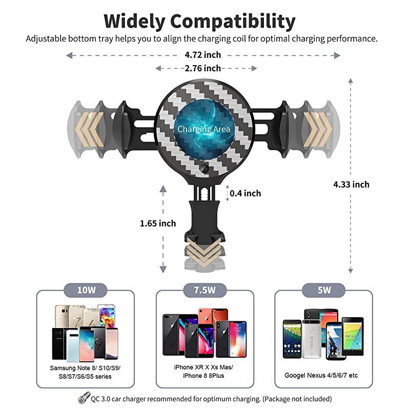 Wireless Car Charger Mount, Auto Clamping Car Phone Holder with RGB Light,10W Qi Fast Charging Air Vent Windshield Dashboard Phone Stand,Compatible with iPhone Samsung and More (Gray)