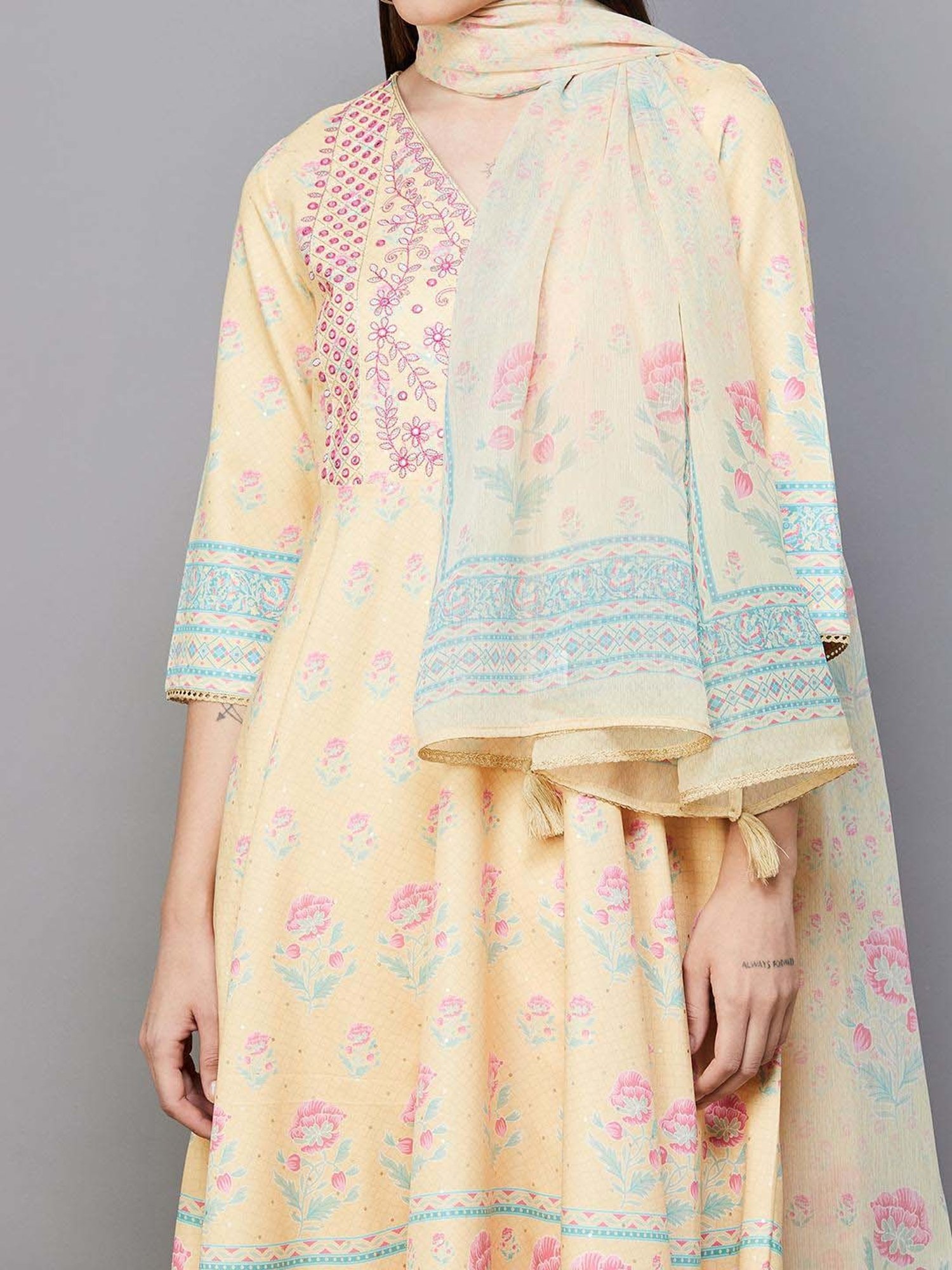 Melange by Lifestyle Yellow Printed Kurta Pant Set With Dupatta