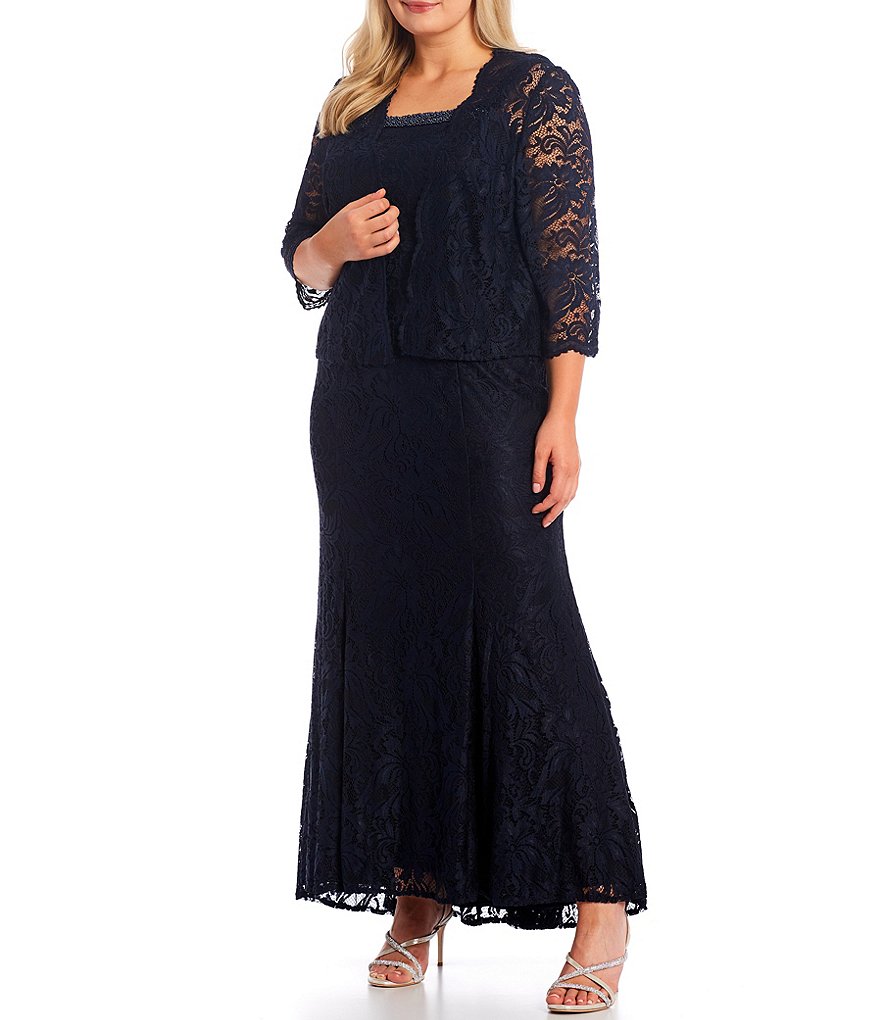 Le Bos Plus Size Embroidered Stretch Lace Square Neck 3/4 Sleeve 2-Piece Jacket Dress