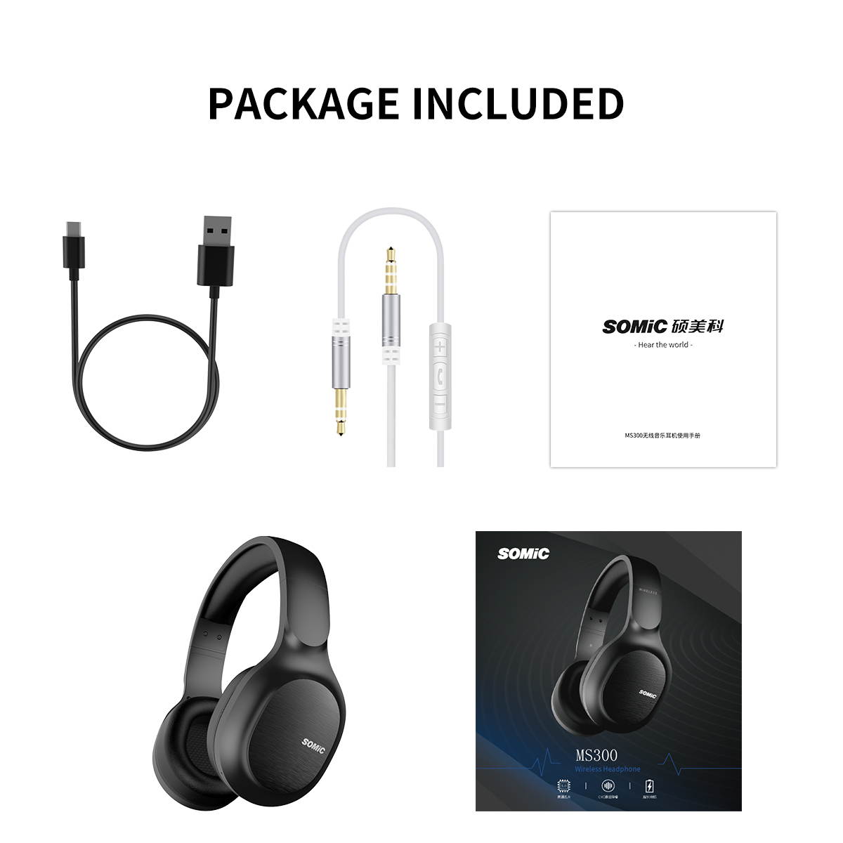 SOMiC Bluetooth Headphones Wireless 72H Playtime CVC8.0 Noise Reduction Hi-Res Certified Sound Headset Comfortable to Wear MS300