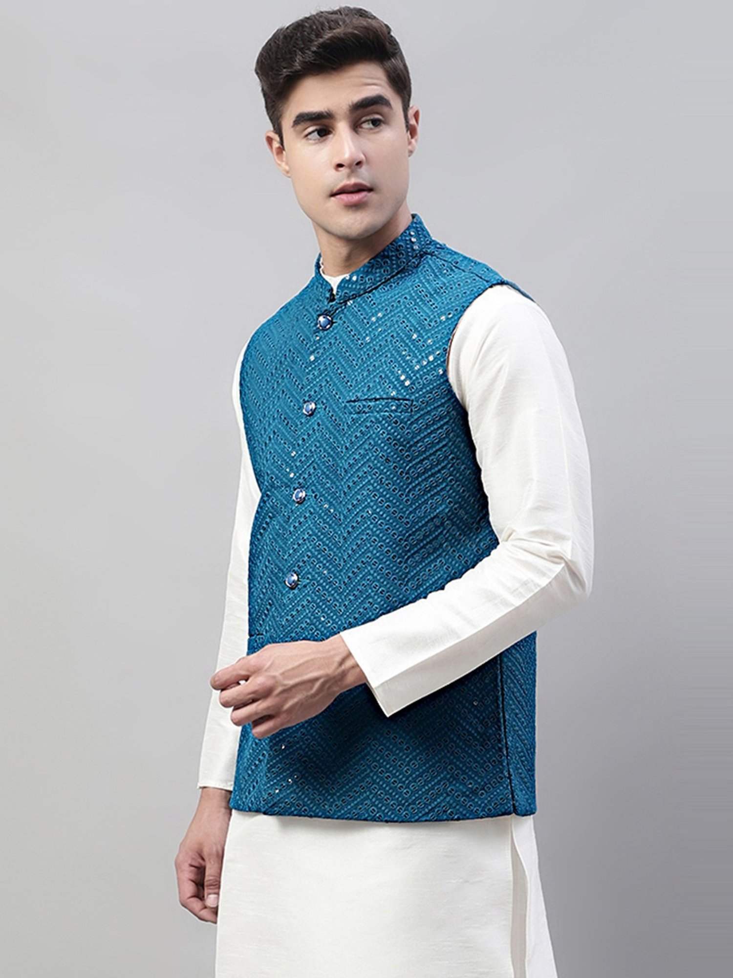 Jompers Peacock Blue Regular Fit Embroidered Nehru Jacket