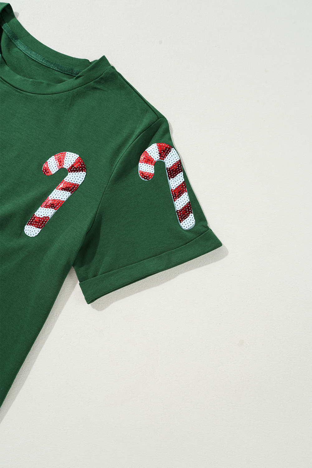 Green Christmas Candy Cane Round Neck T Shirt