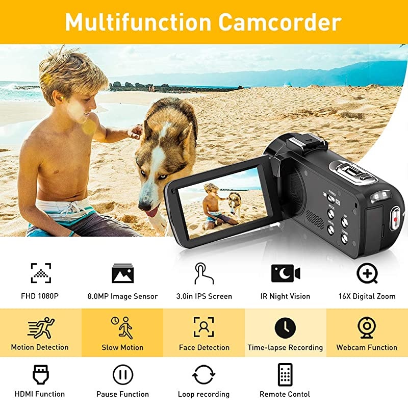 Camera Camcorder Full HD 1080P 36MP 30FPS Digital YouTube Vlogging Camera Recorder with Night Vision 3.0 Inch 270 Degree Rotation IPS Screen 16X Zoom Remote Control, 2 Batteries