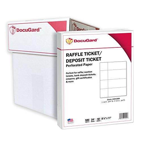 docugard perforated paper for deposit tickets, raffle tickets, and more, tearaway stubs, 8.5 x 11, 24 lb, 4 perfs, 500 sheets, white 04289 pack of 5