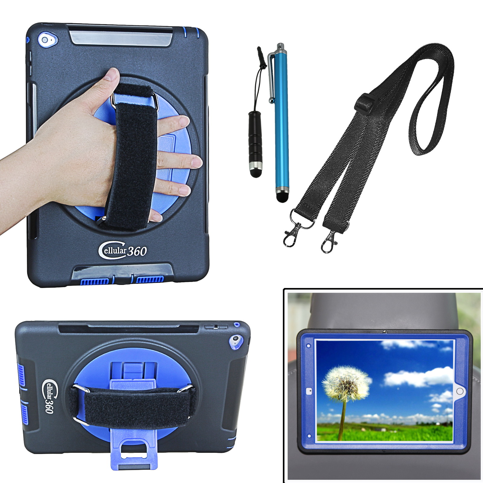 Cellular360 Apple iPad 9.7 2017 2018, iPad 5th Gen., iPad 6th Gen. Shockproof Case with 360 Degrees Rotatable Kickstand, Adjustable Handle and Shoulder Strap