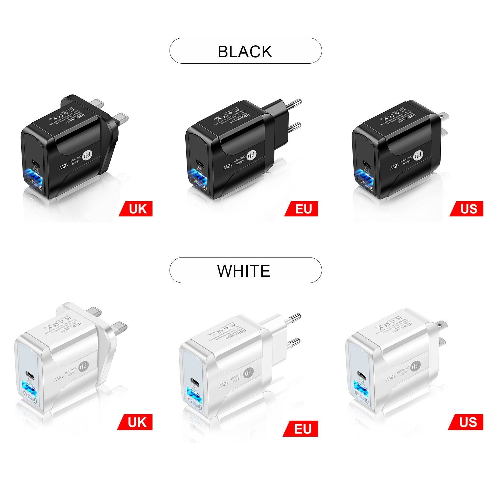 18W PD Quick C-harger with LEDs Illuminated Design F-ast Chargring Adapter with Type C/ USB Chargeing Port