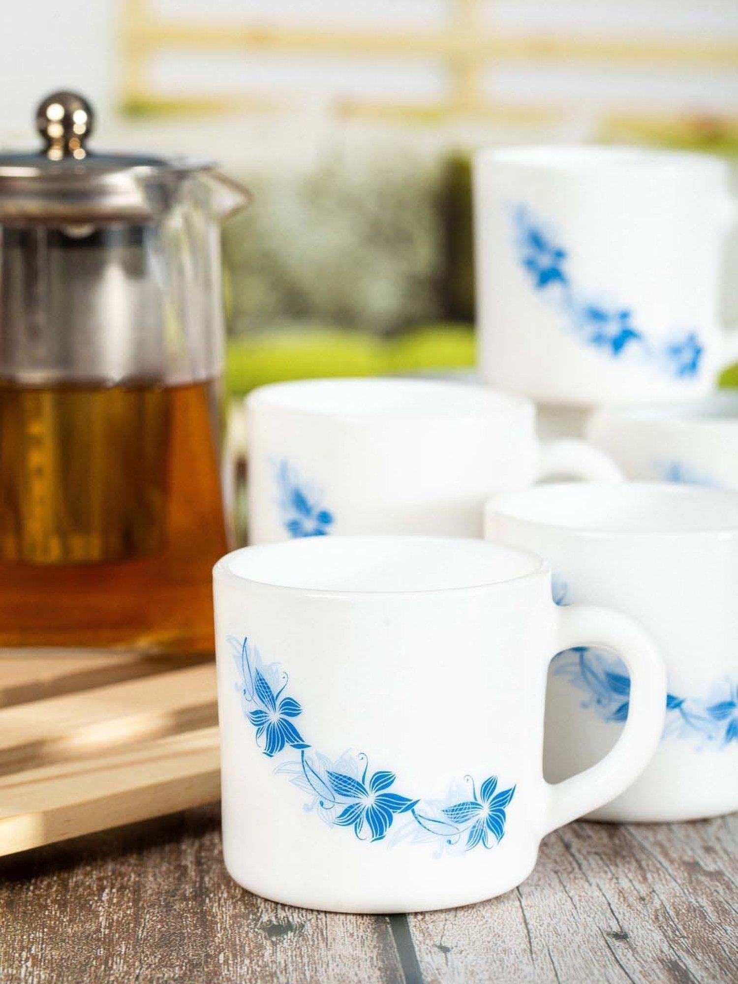 Cello Dazzle Stella White & Blue Glass Coffee Mug (0.18 L) - Set of 6