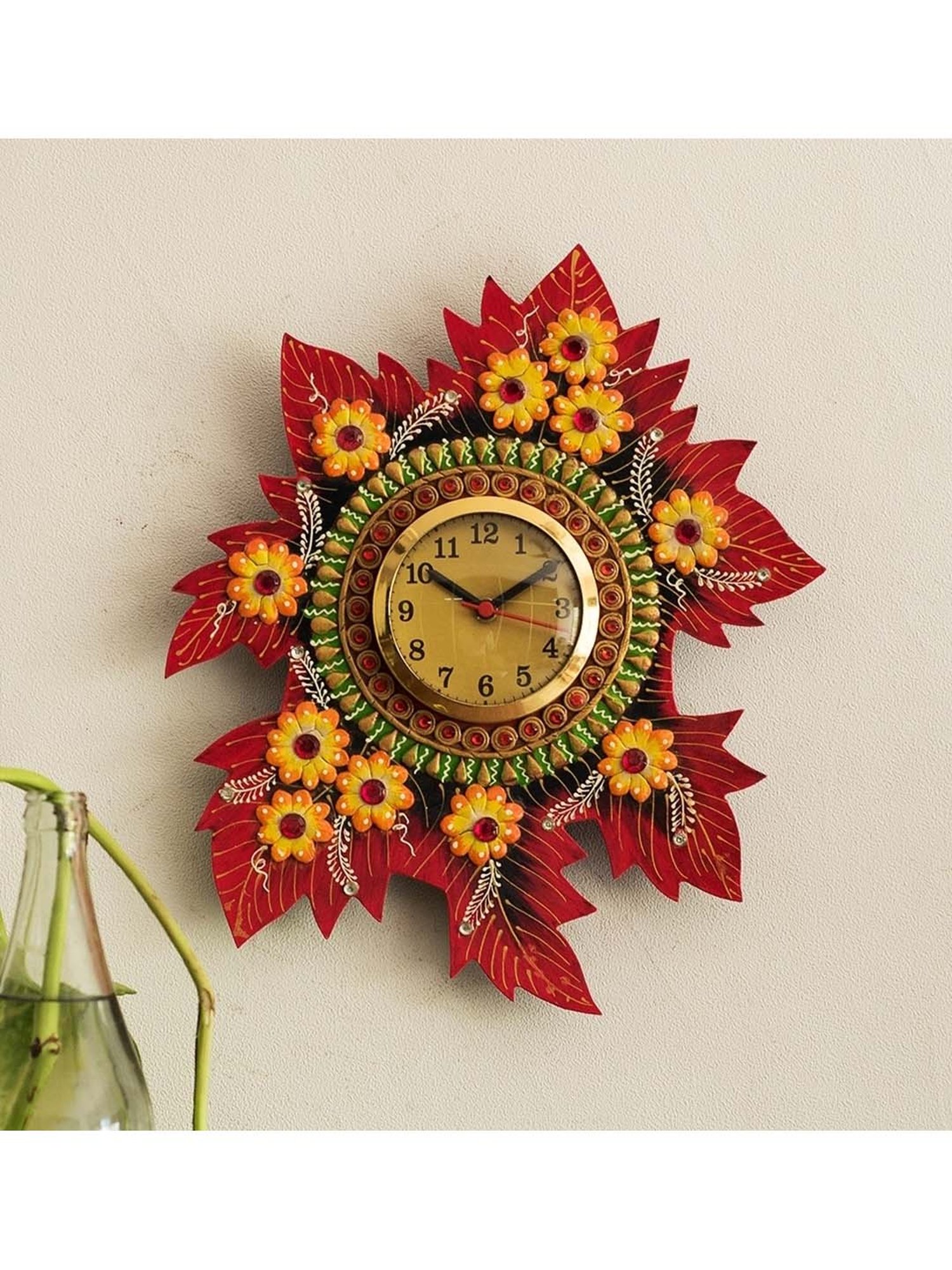 eCraftIndia Handcrafted Papier-Mache Leaf Shape Wall Clock