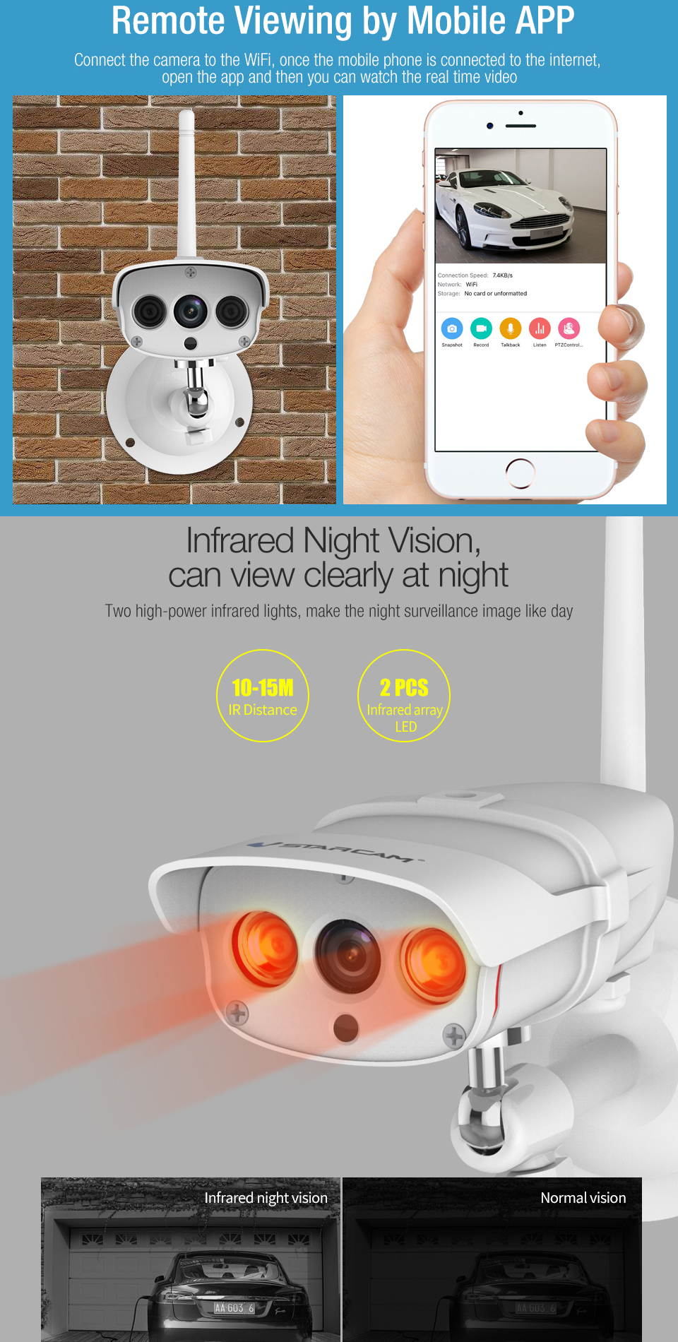 VStarcam C16S Outdoor Security Camera, 1080P WiFi Camera Wireless Surveillance Cameras, IP Camera with IP67 Waterproof, Night Vision, Motion Detection Support 128G TF Card