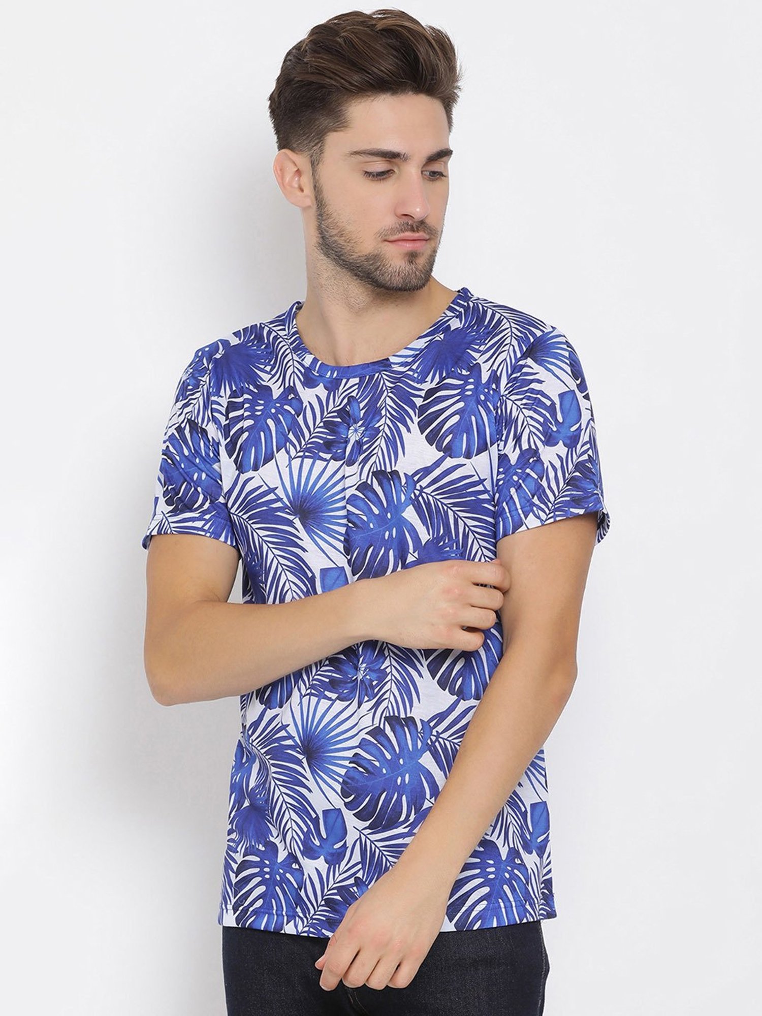 Hangup Plus White & Blue Regular Fit Printed Crew T-Shirt