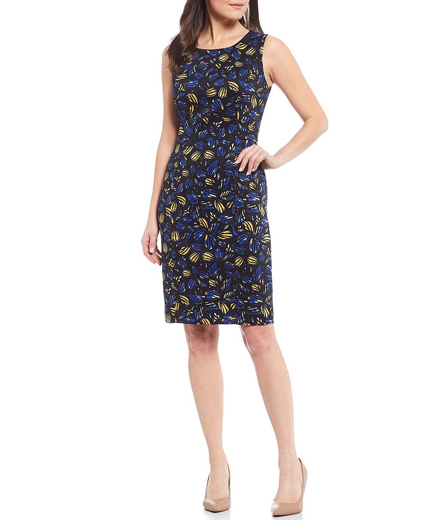 Kasper Sleeveless Jewel Neck Floral Print Scuba Sheath Dress