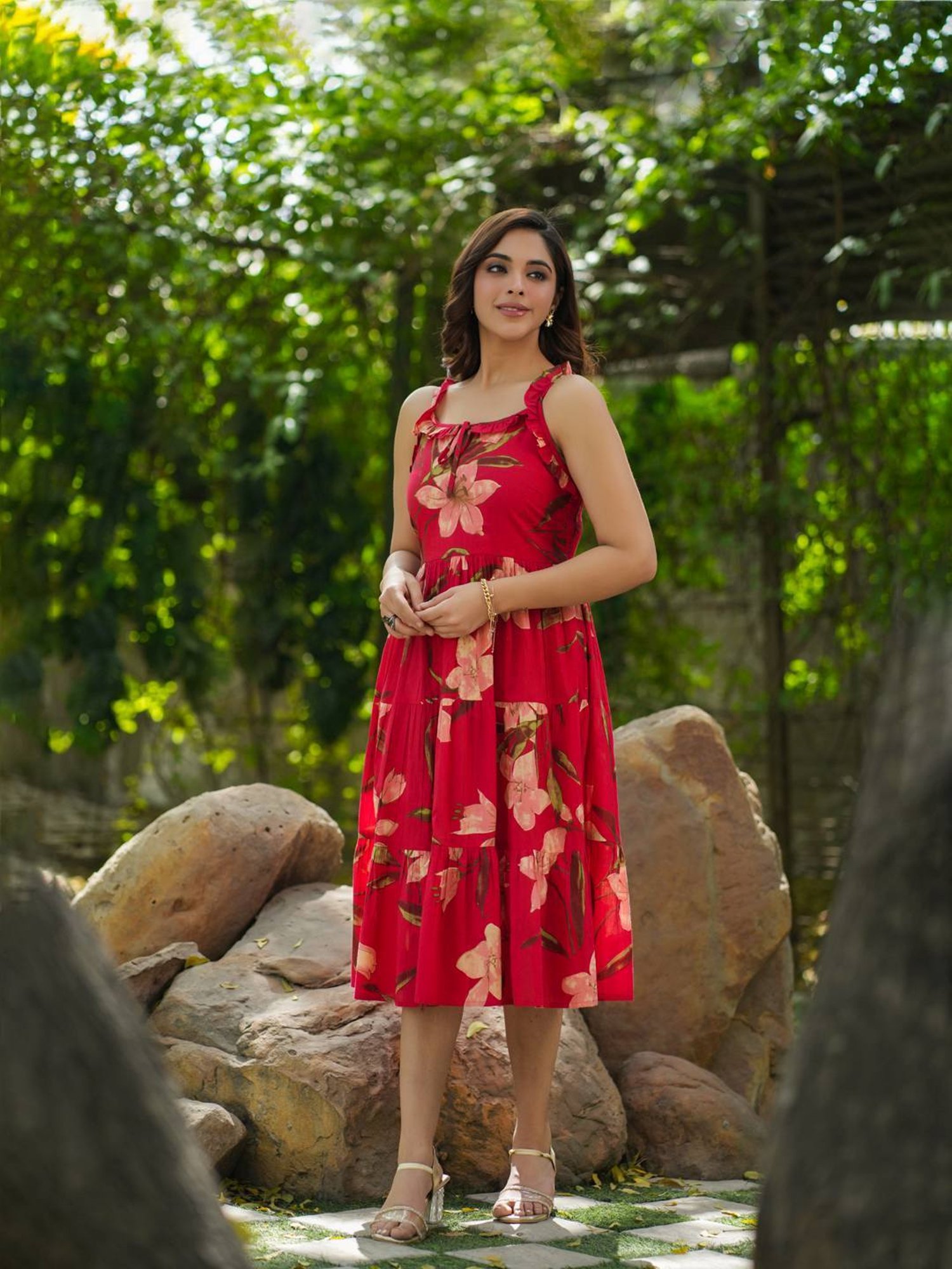 Rain and Rainbow Red Cotton Floral Print A-Line Dress