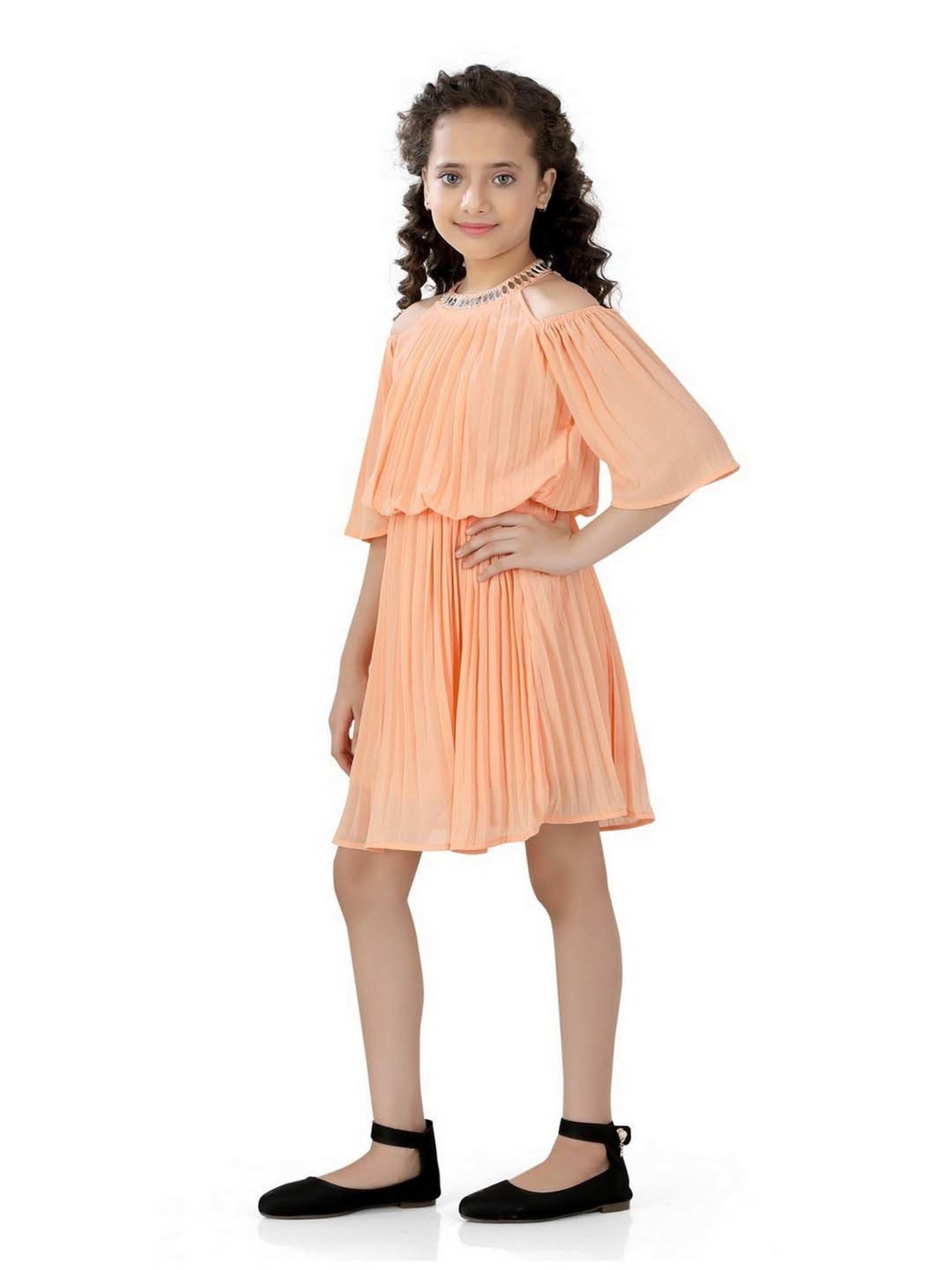 poplins Kids Peach Cotton Regular Fit Dress