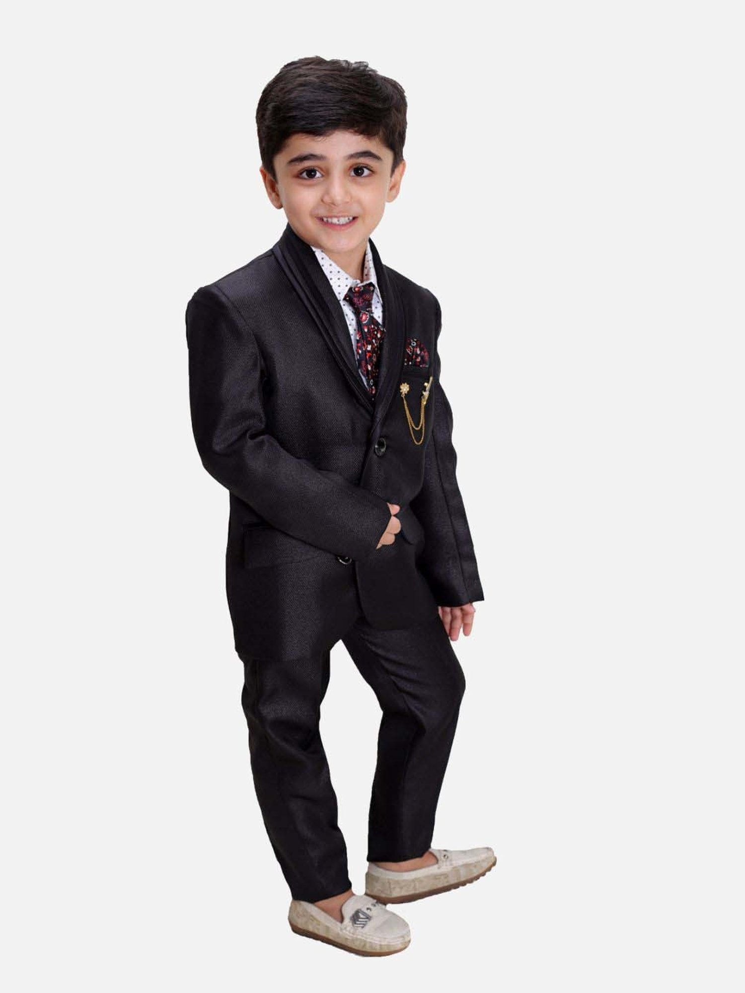 Fourfolds Boys Black & White Solid Full Sleeves Suit Set