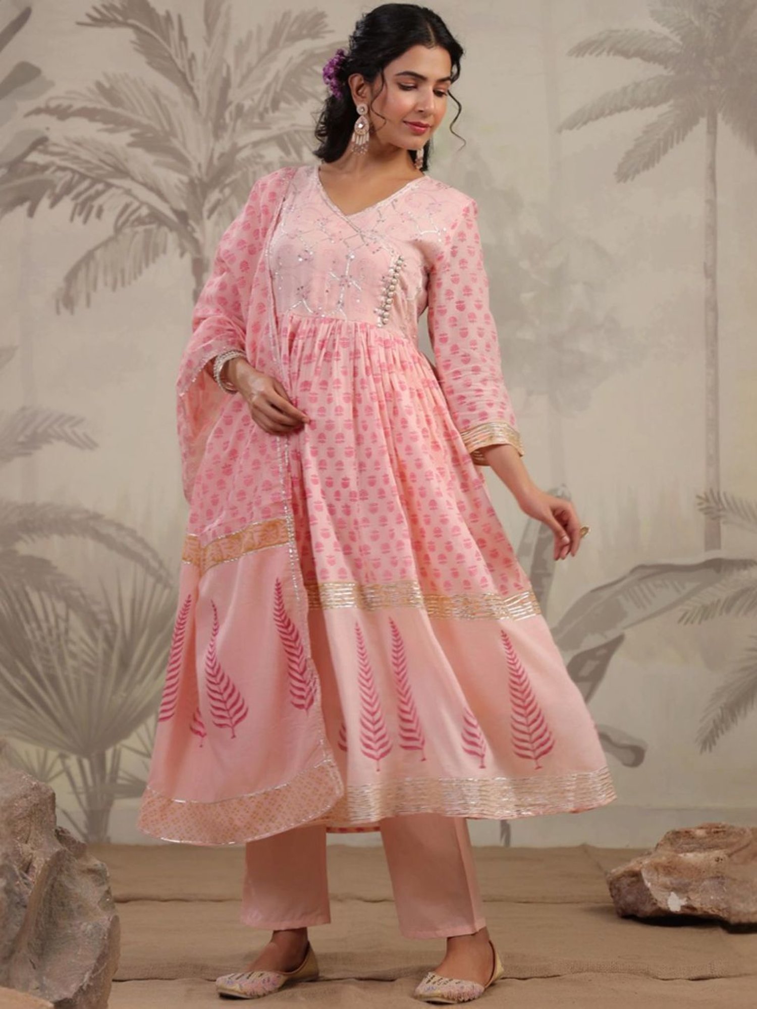 SCAKHI Peach Hand-Block Printed Handworked Anarkali Kurta and Pant With Dupatta