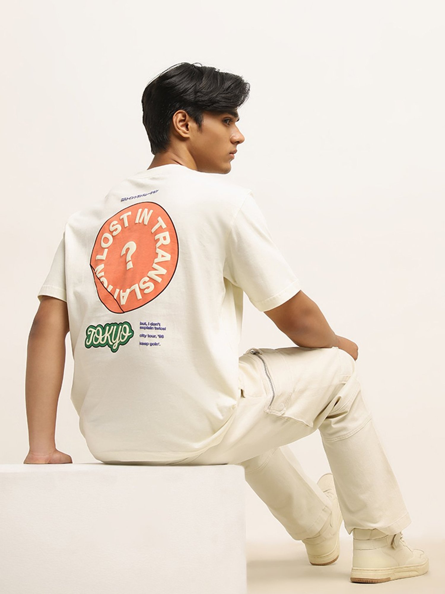 Nuon by Westside Off-White Text Printed Relaxed-Fit Cotton T-Shirt