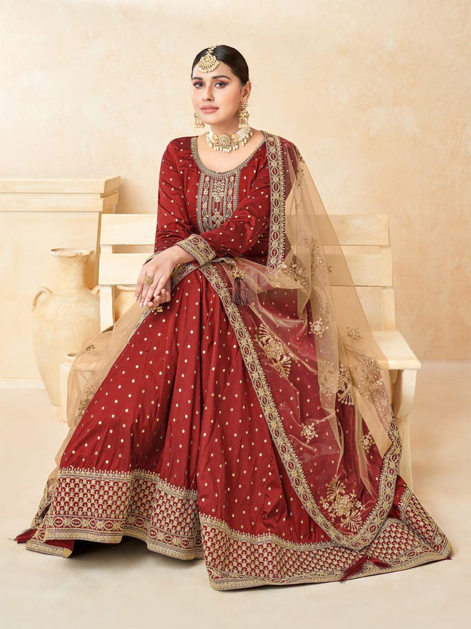 Odette Maroon Embroidered Unstitched Dress Material