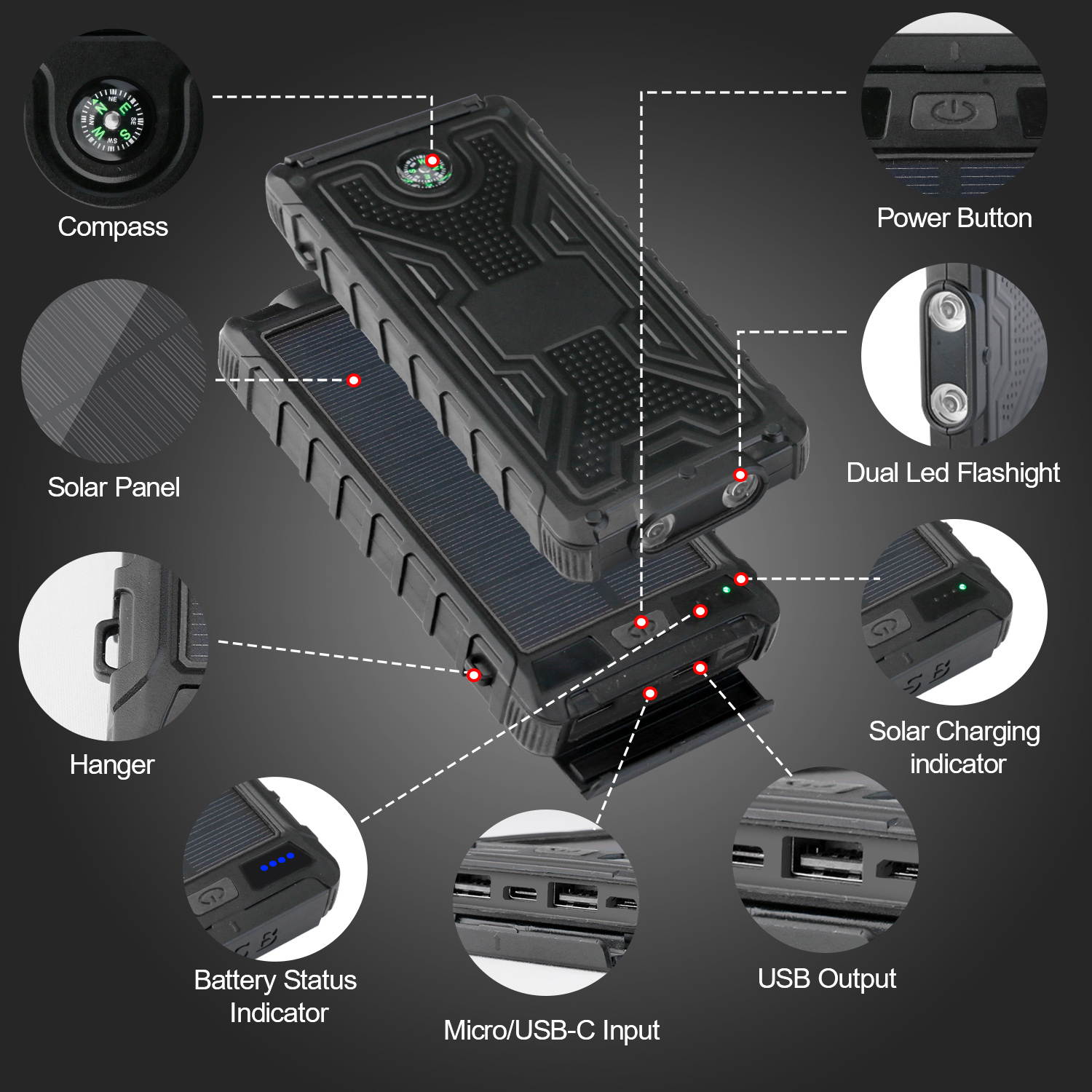 Donwell LED Light Digital Display Solar Wireless Charger High Capacity 10000mA Fast Charging Mobile Power Supply Portable Power Bank for iPhone/iPad/iPod/Samsung ,and more