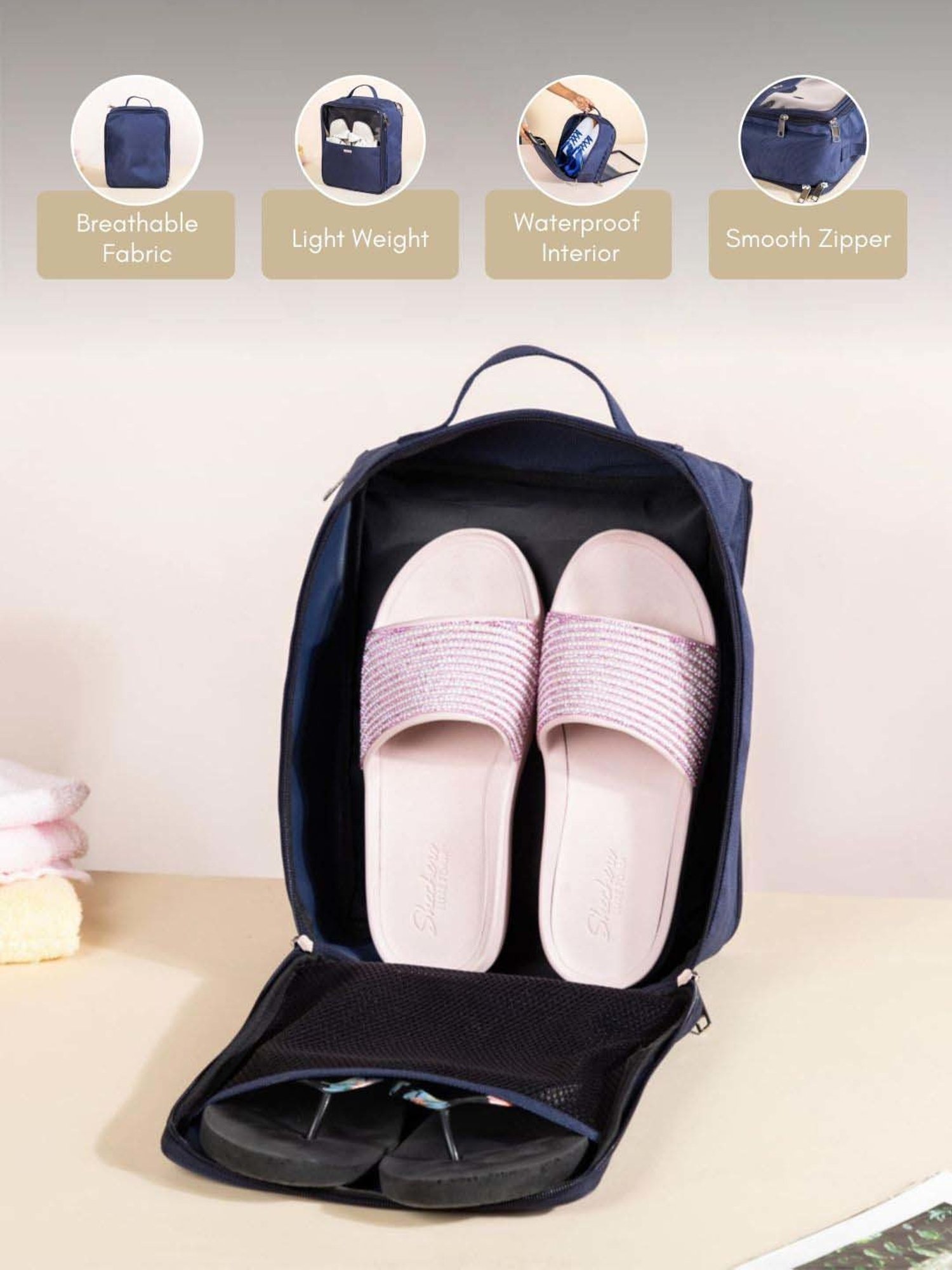 Nestasia Navy Blue & Transparent Nylon And Pvc Made Waterproof Shoe Bag Organizer With Small Handle