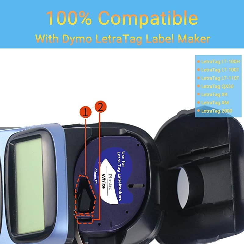 Label Tape Replacement for DYMO LetraTag Refills Plastic Label Tape 91331 91332 91333 91334 91335 for DYMO LetraTag LT-100H LT-100T QX50, 1/2 Inch x 13 Feet(12mm x 4m), 5-Pack