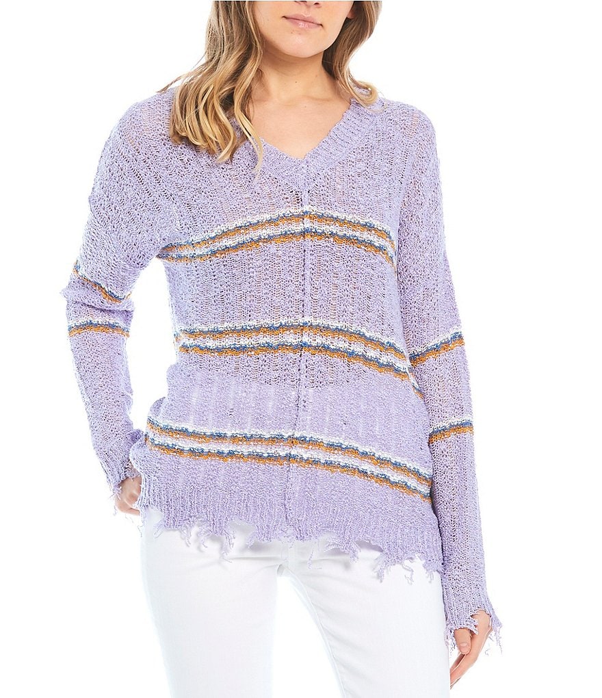 Say What Distressed Stripe Lightweight Sweater