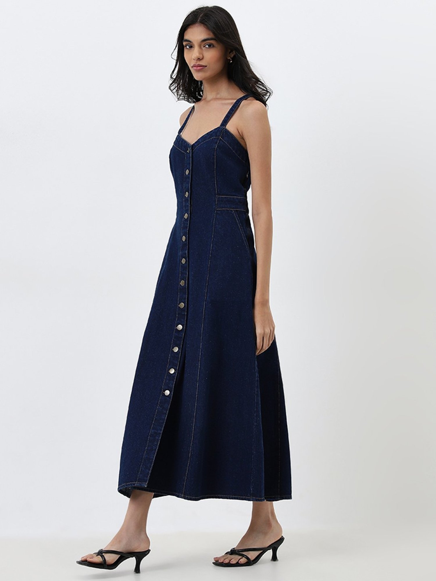LOV by Westside Dark Blue A-Line Denim Dress