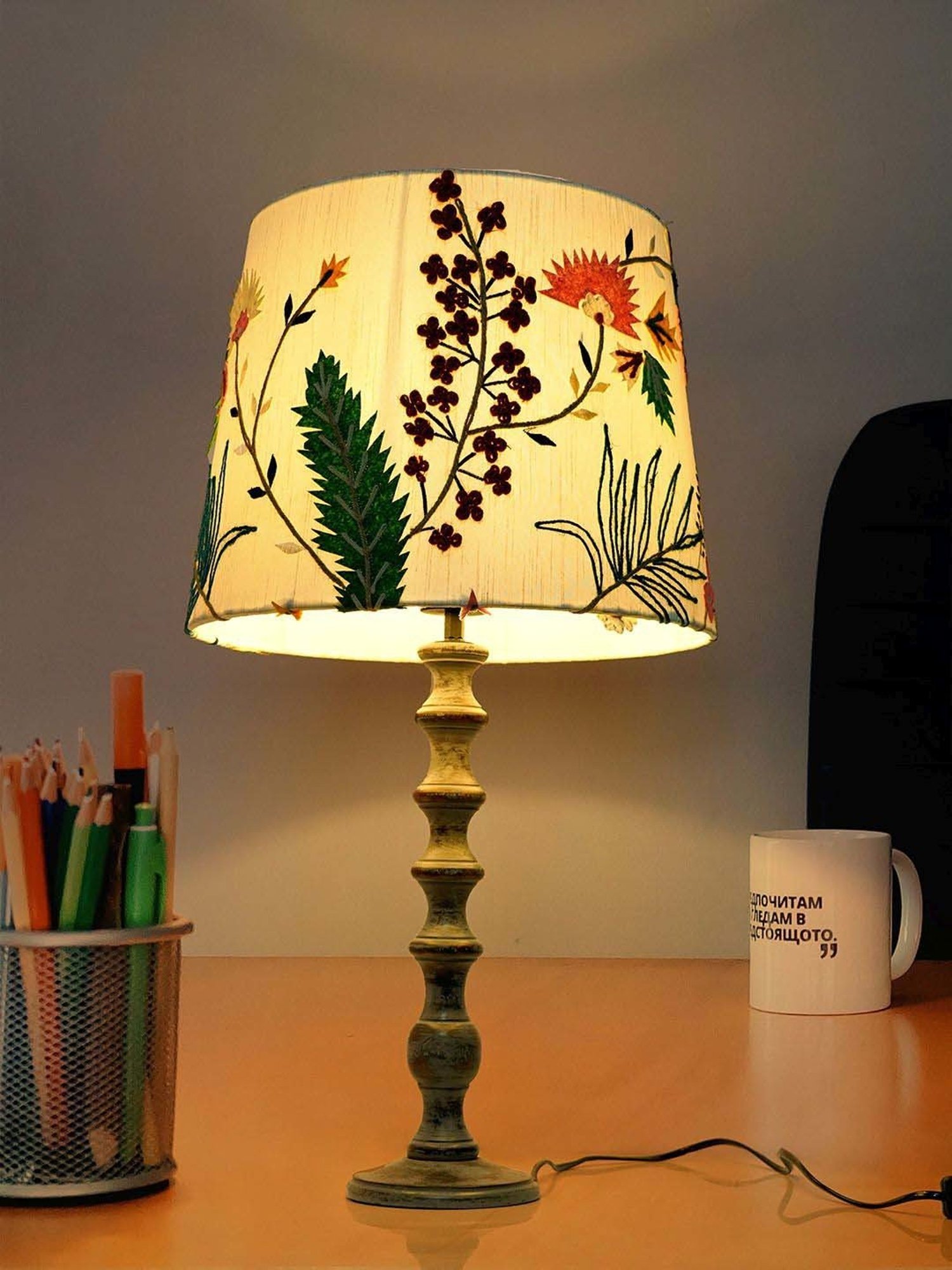 FOS LIGHTING White & Grey Wood Table Lamp With Tapered Fabric Shade