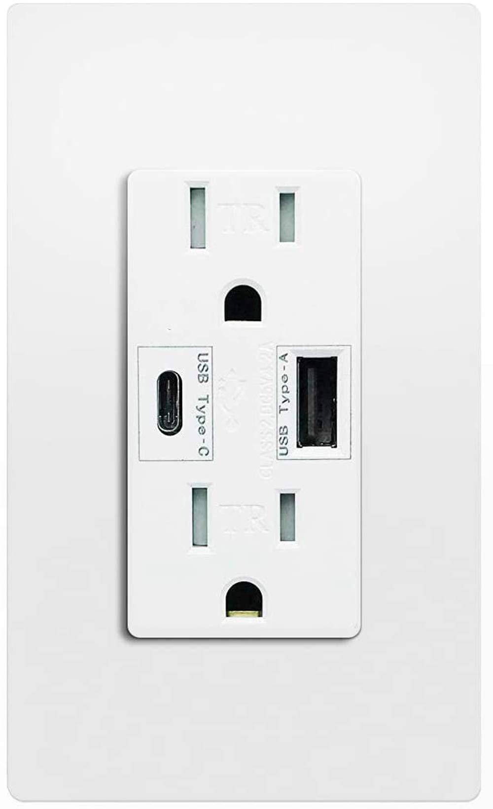 USB C Outlet Wall Dual High Speed Duplex Receptacle 15 Amp, Smart 4.8A Quick Charging Capability, Tamper Resistant Wall plate Included UL Listed Not for Laptops (Type C)