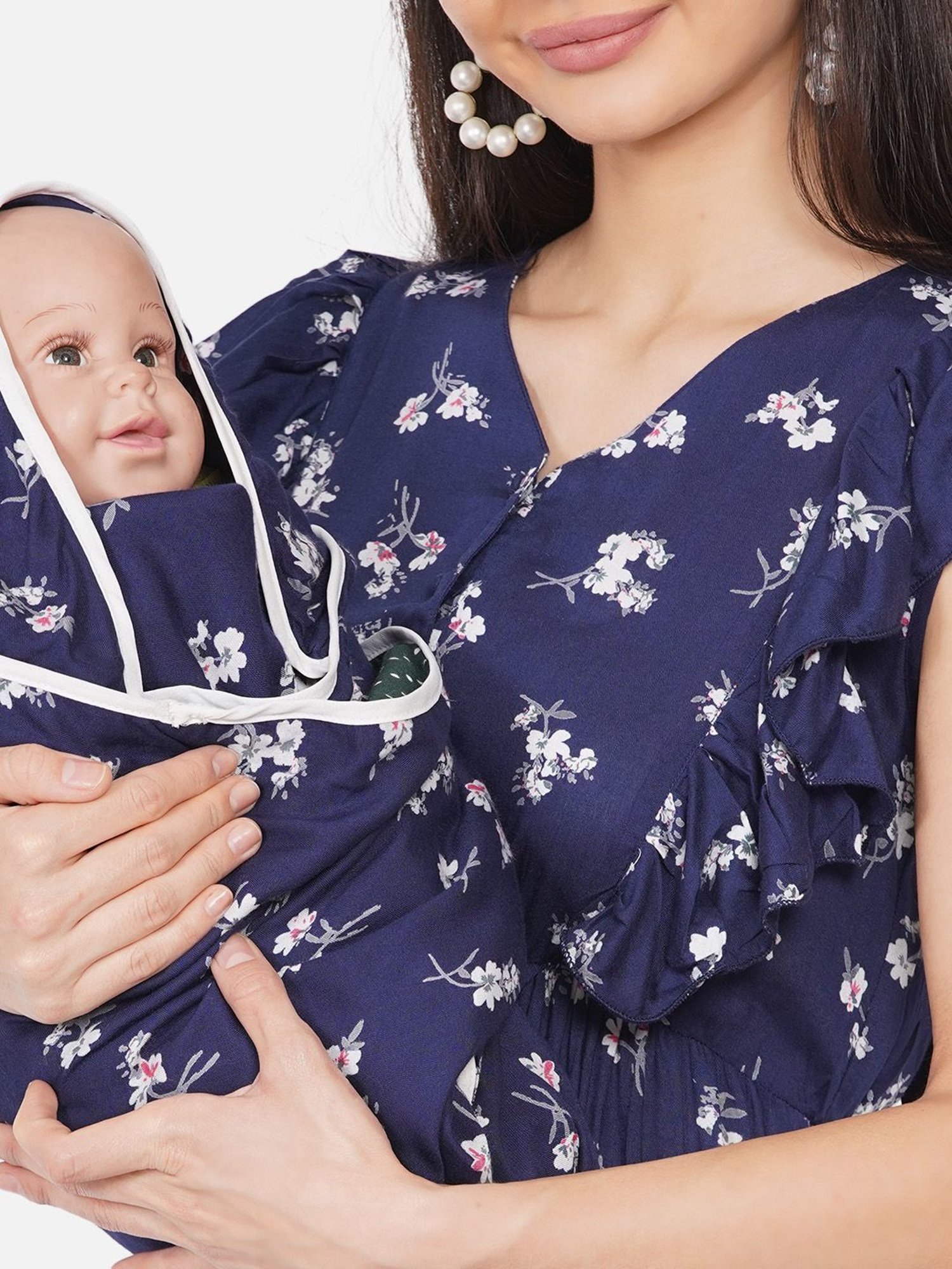 Mine4Nine Navy Floral Print Maxi Maternity Dress For Mom With Matching Baby Wrapper